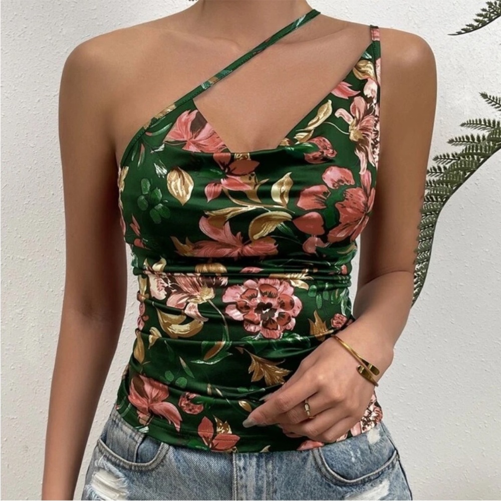 Boho Green Floral Print One Shoulder Cami Tank Top S M L XL